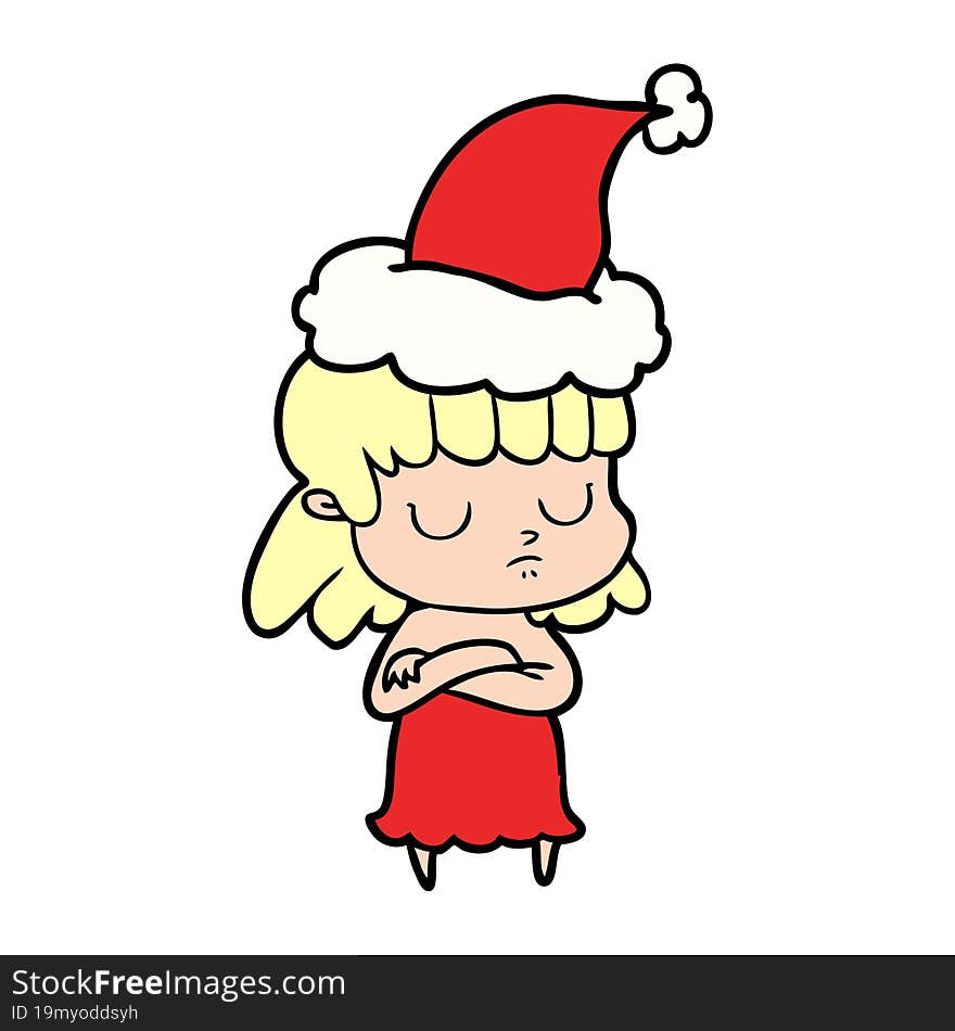 line drawing of a indifferent woman wearing santa hat