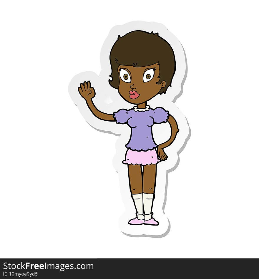 sticker of a cartoon pretty girl waving