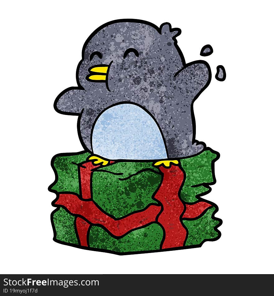 cartoon penguin on wrapped present. cartoon penguin on wrapped present