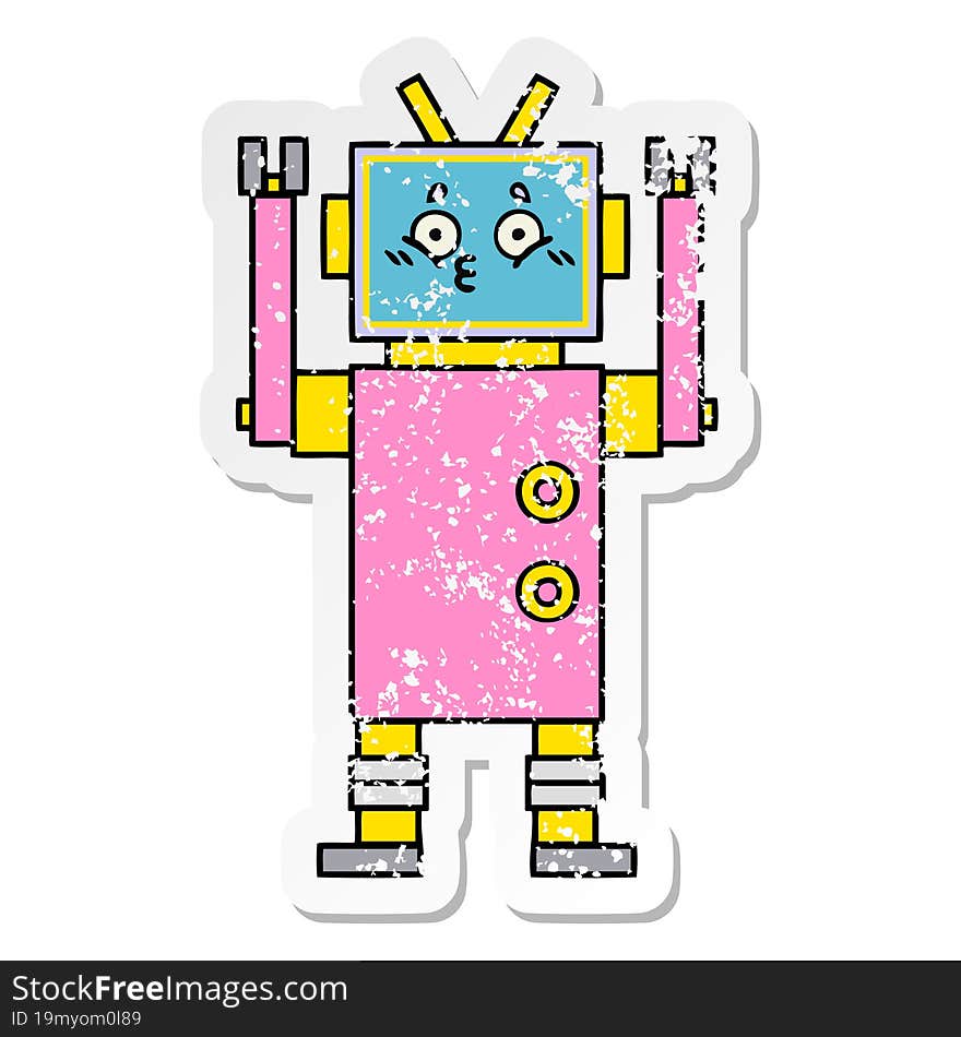 Distressed Sticker Of A Cute Cartoon Robot