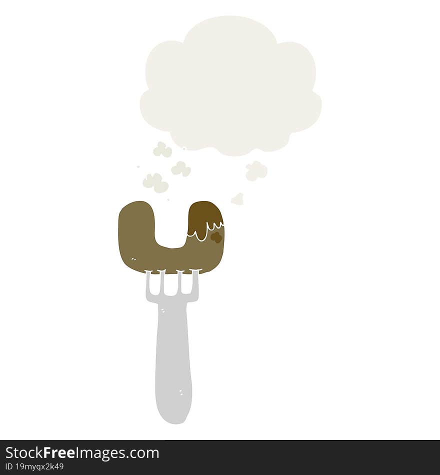 cartoon sausage on fork and thought bubble in retro style