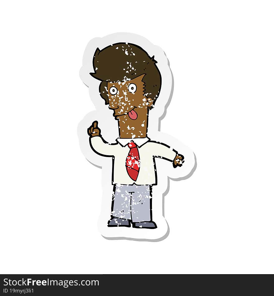 retro distressed sticker of a cartoon office man with crazy idea