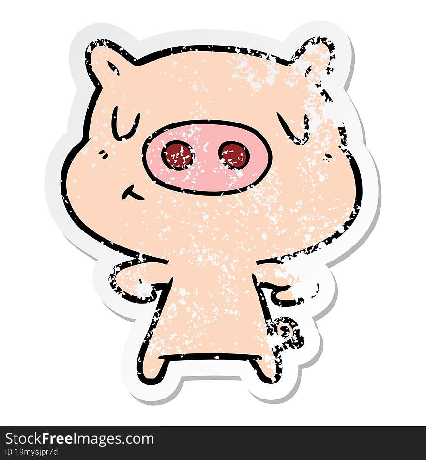 distressed sticker of a cartoon content pig