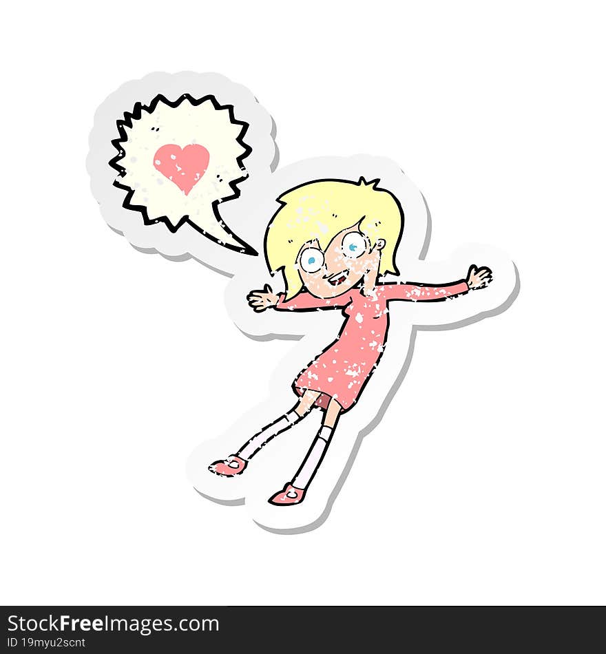 retro distressed sticker of a cartoon woman in love