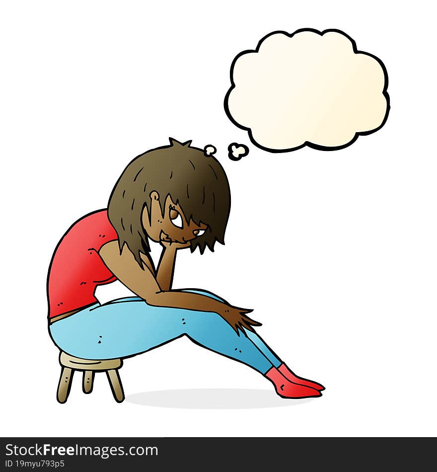 cartoon woman sitting on small stool with thought bubble