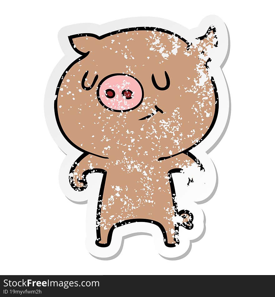 distressed sticker of a happy cartoon pig