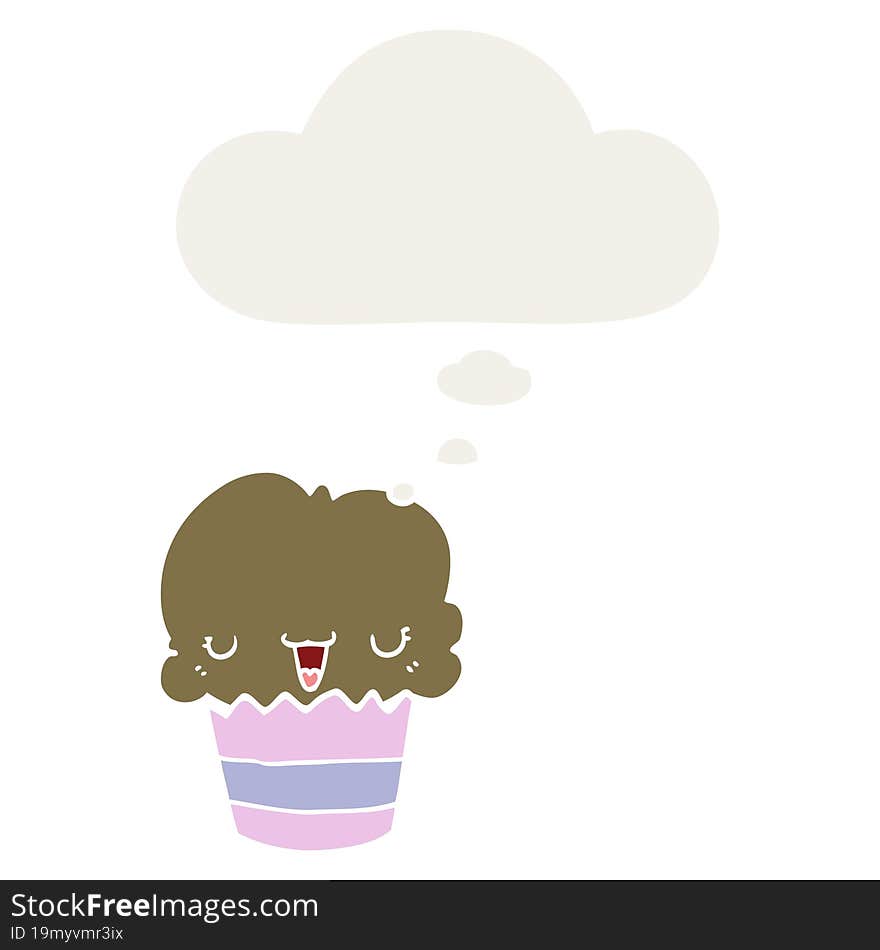 cartoon cupcake with face with thought bubble in retro style