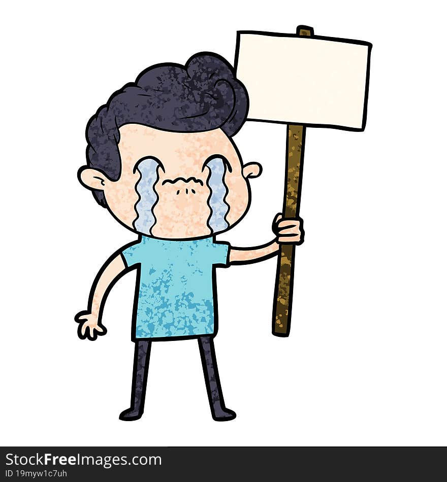 cartoon man crying holding sign. cartoon man crying holding sign