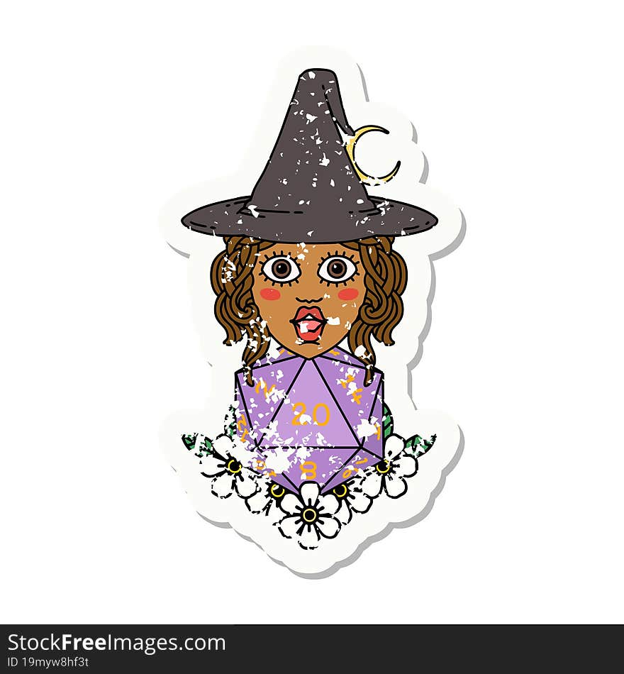 Retro Tattoo Style human witch with natural twenty dice roll. Retro Tattoo Style human witch with natural twenty dice roll