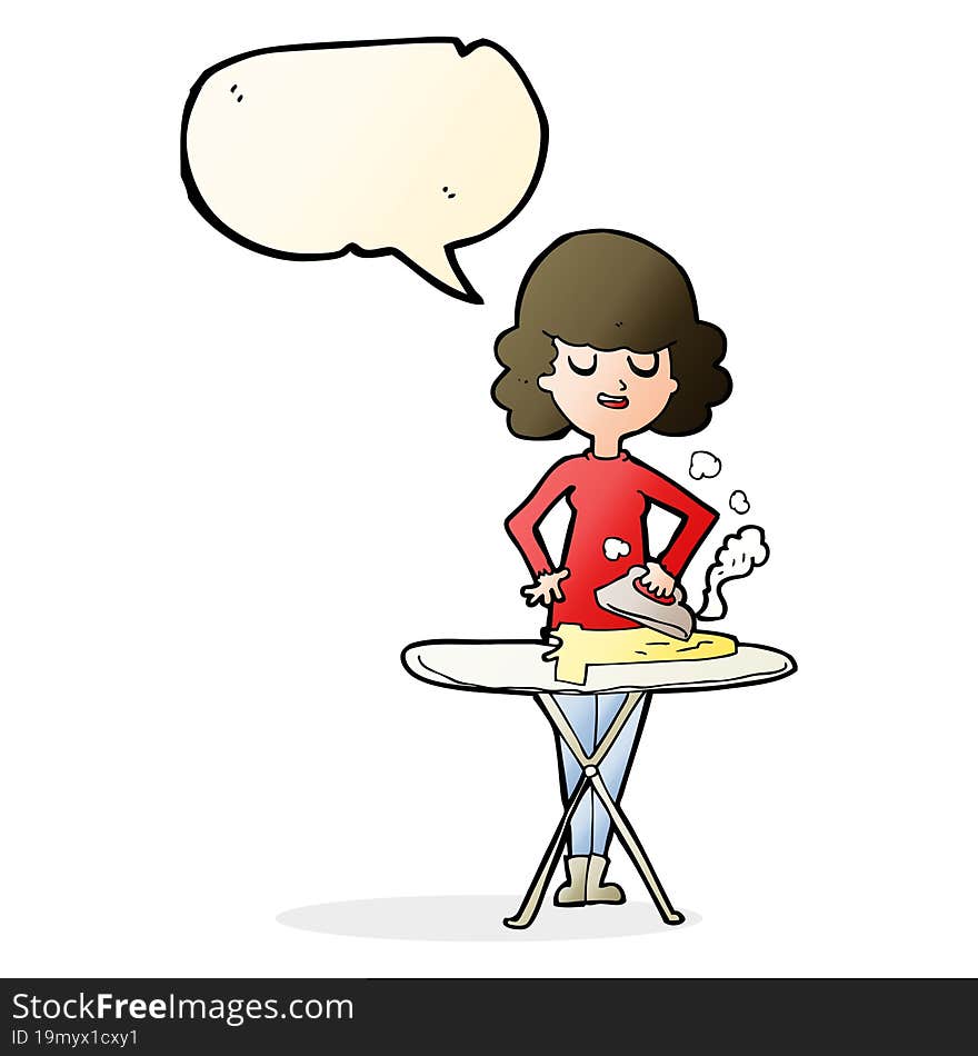 cartoon woman ironing with speech bubble