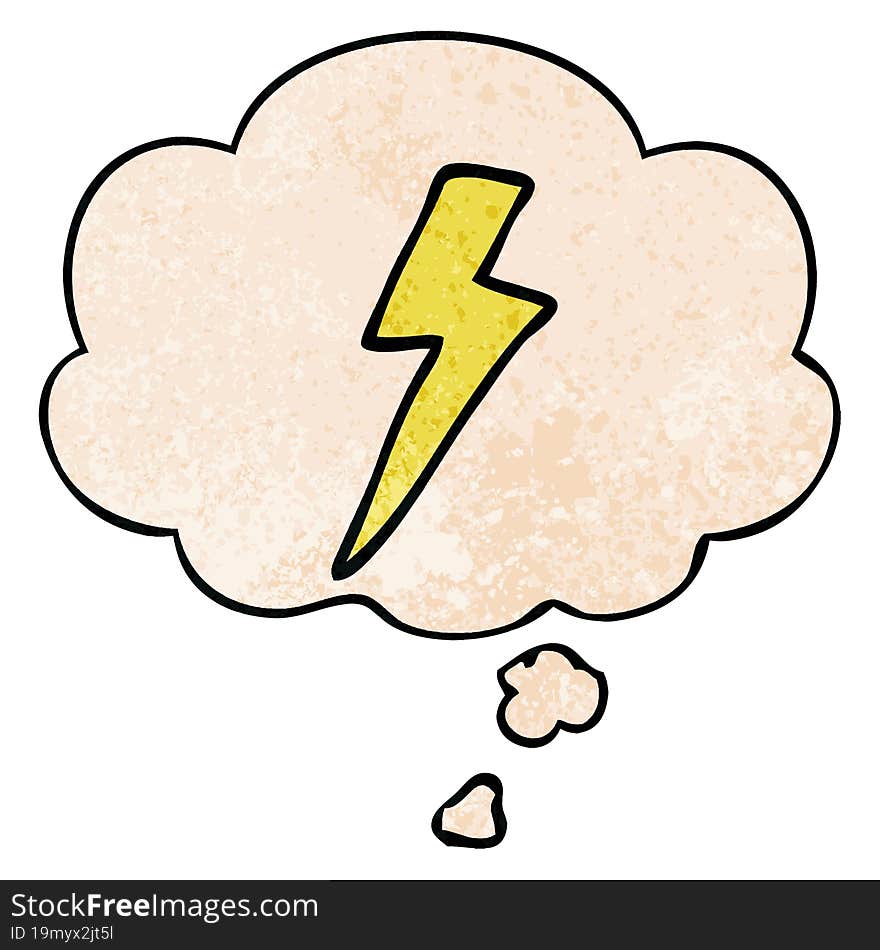 cartoon lightning bolt and thought bubble in grunge texture pattern style