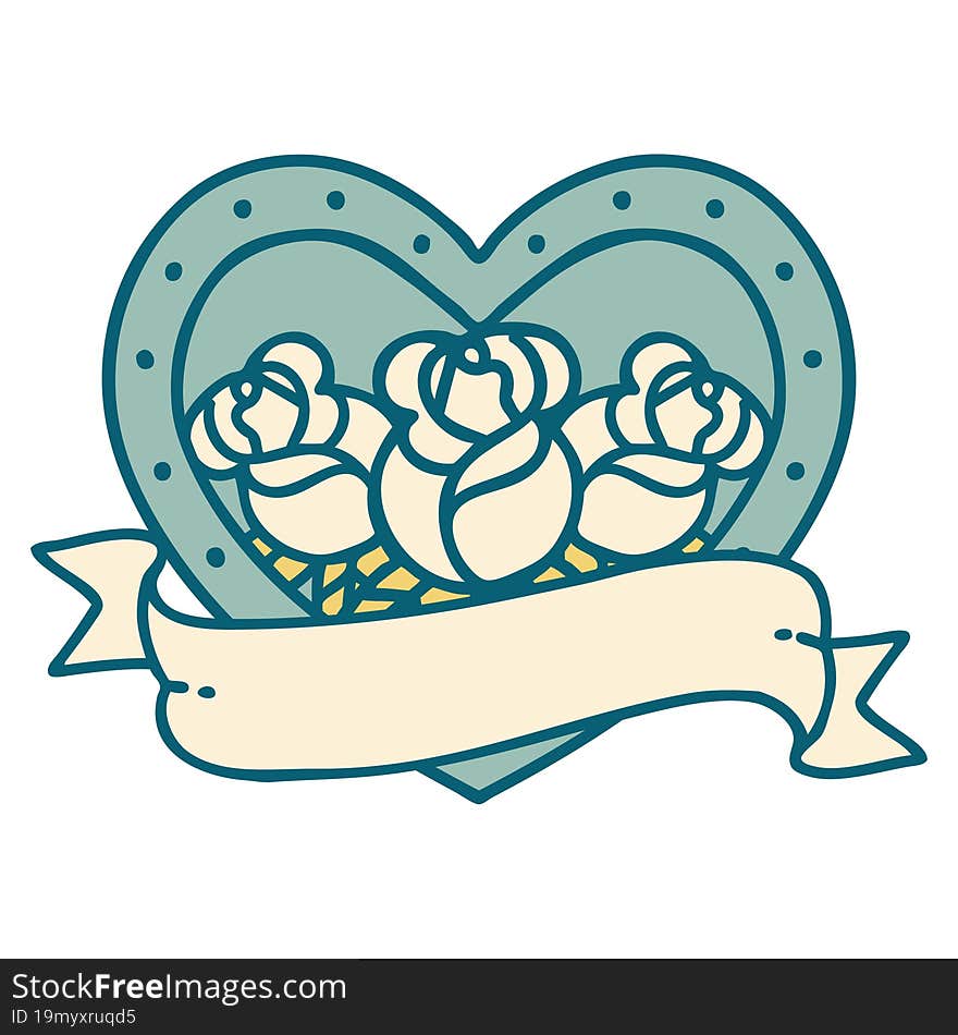 Tattoo Style Icon Of A Heart And Banner With Flowers