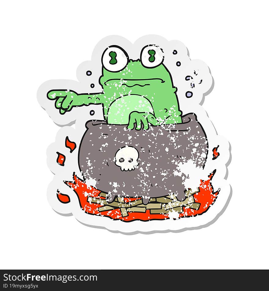 retro distressed sticker of a cartoon halloween toad in cauldron