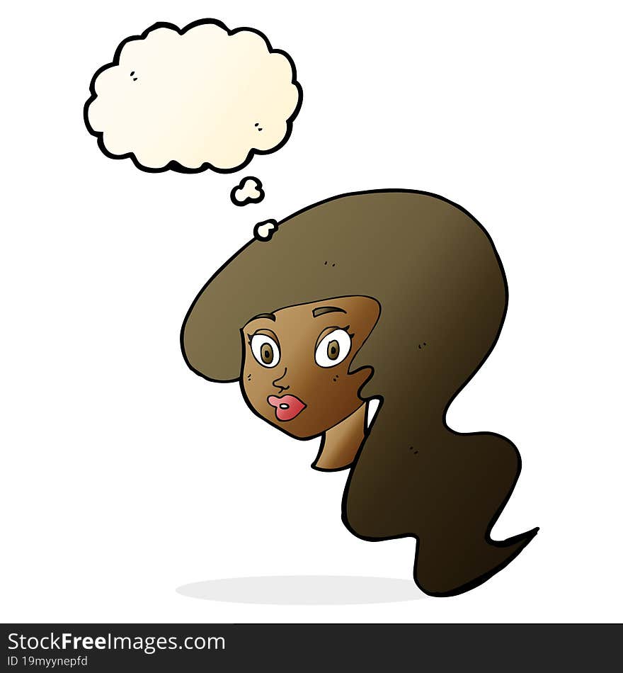 cartoon pretty female face with thought bubble