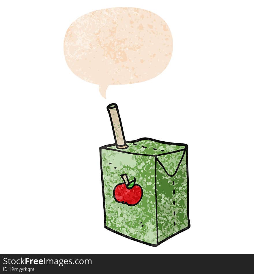 cartoon apple juice box and speech bubble in retro textured style