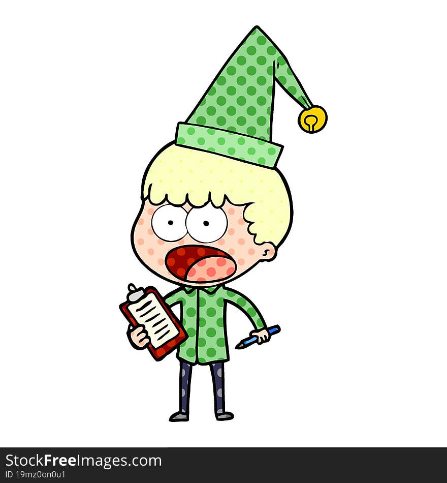 cartoon shocked xmas elf with clipboard and pen. cartoon shocked xmas elf with clipboard and pen