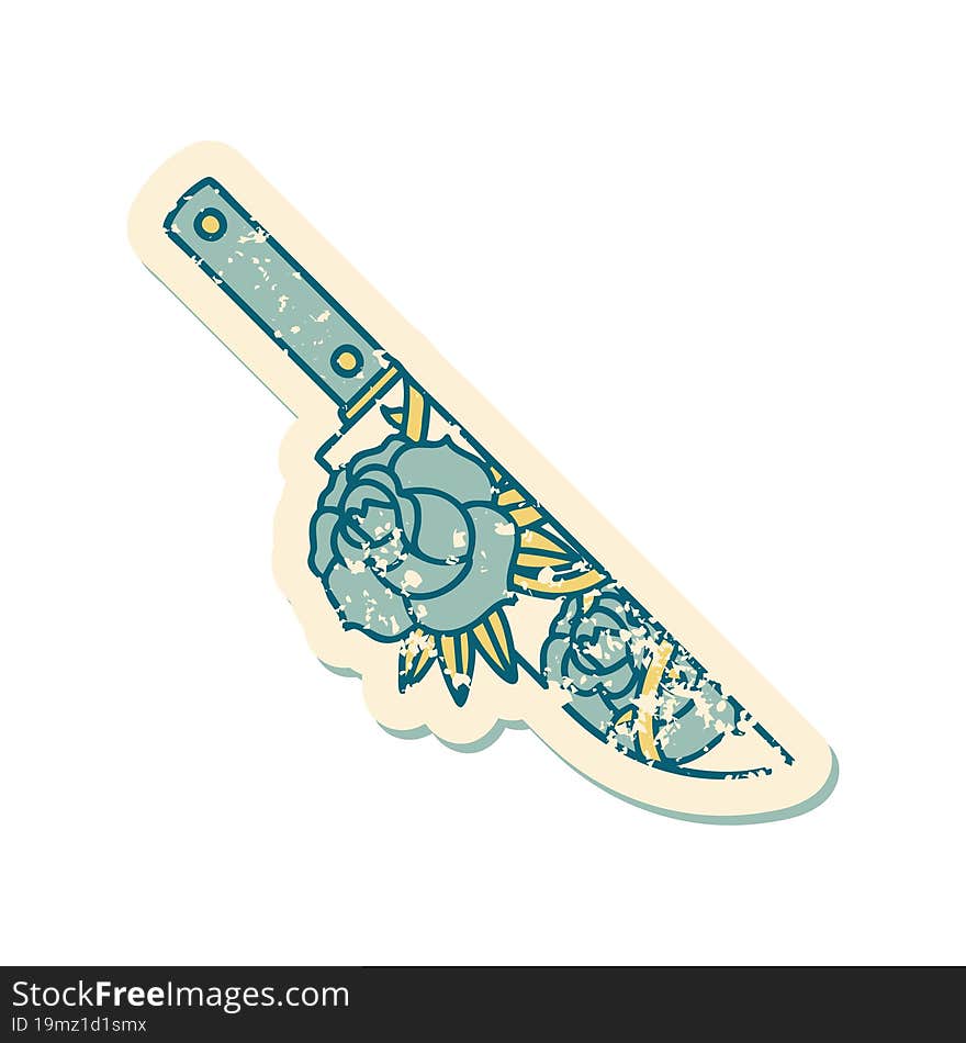 distressed sticker tattoo style icon of a dagger and flowers