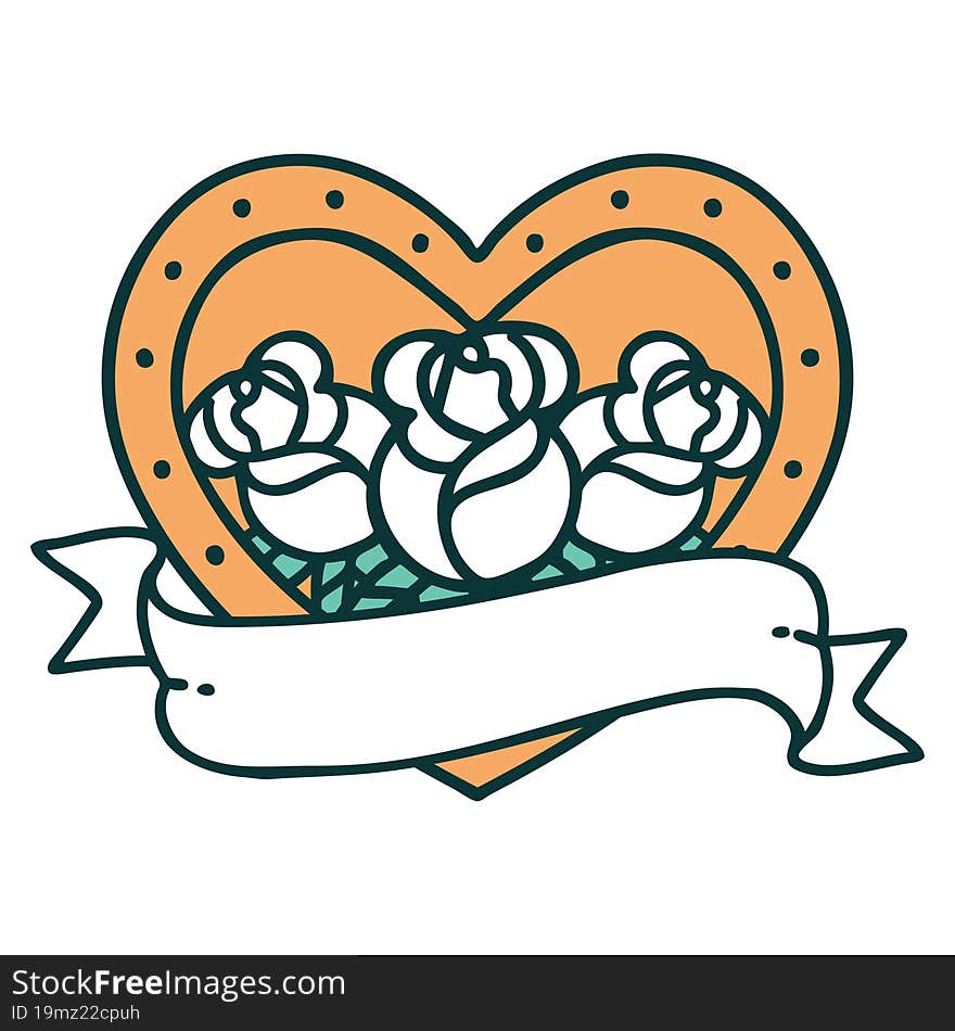 Tattoo Style Icon Of A Heart And Banner With Flowers