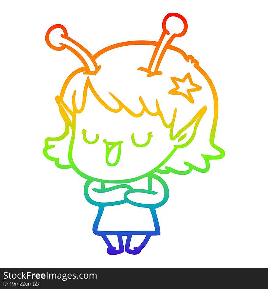 rainbow gradient line drawing happy alien girl cartoon