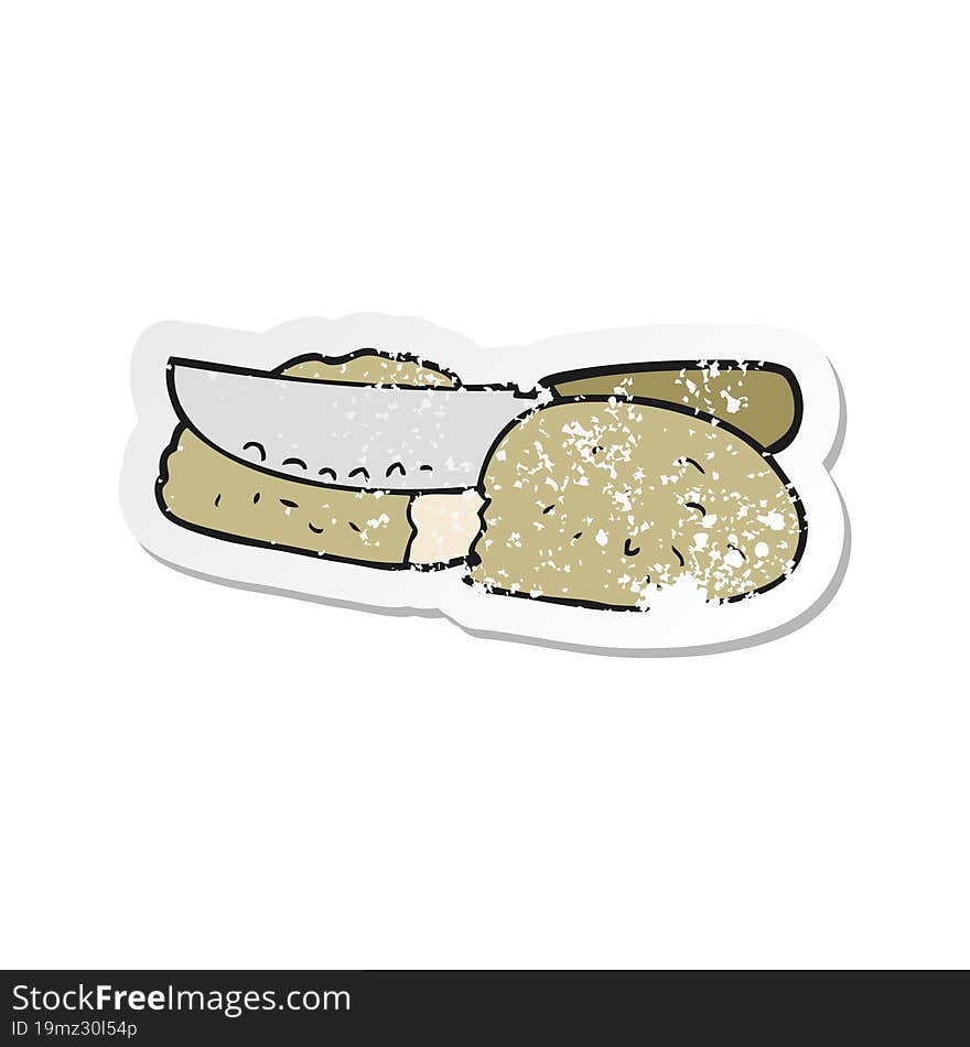 retro distressed sticker of a cartoon slicing bread