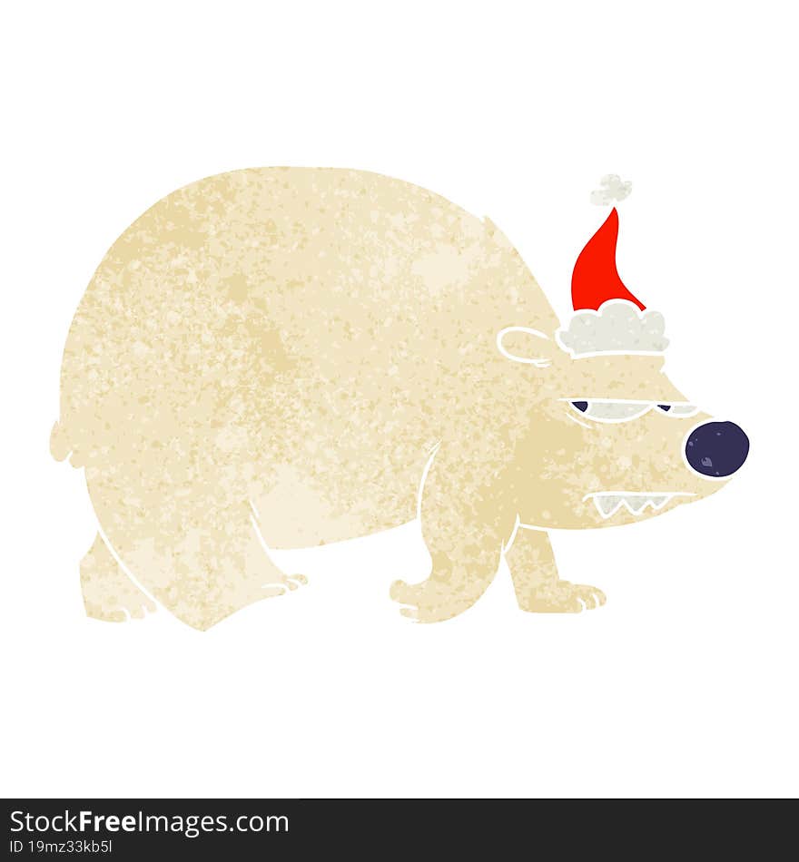 retro cartoon of a angry polar bear wearing santa hat