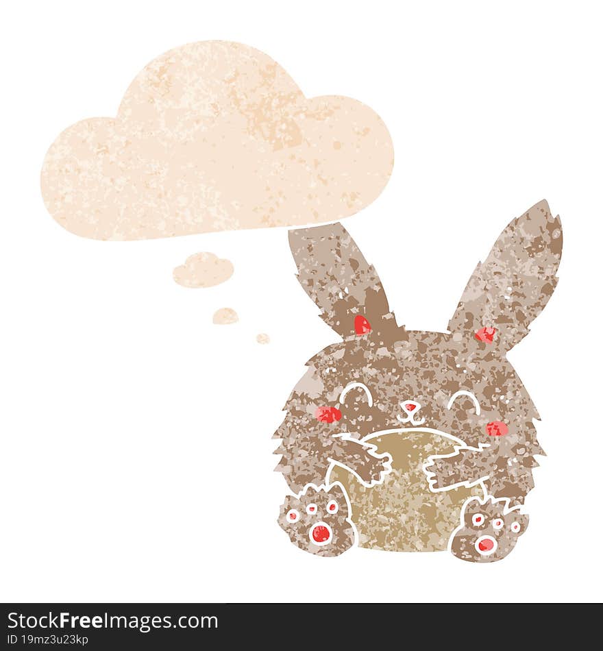 cute cartoon rabbit and thought bubble in retro textured style