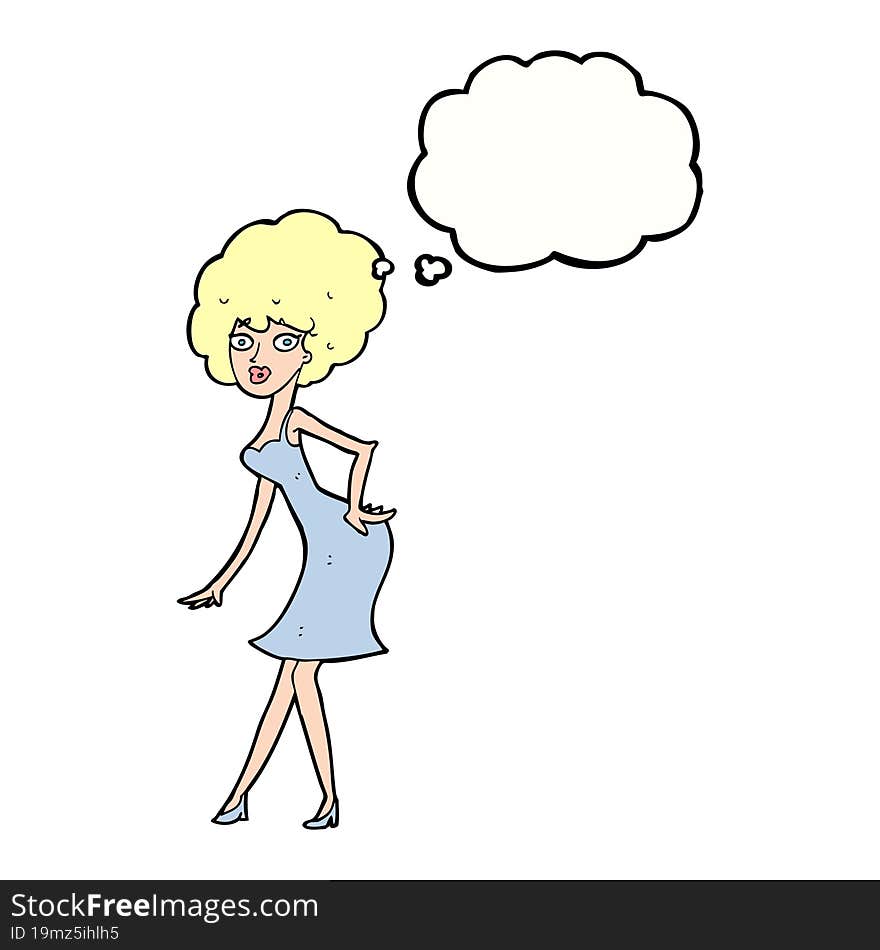 cartoon woman posing in dress with thought bubble