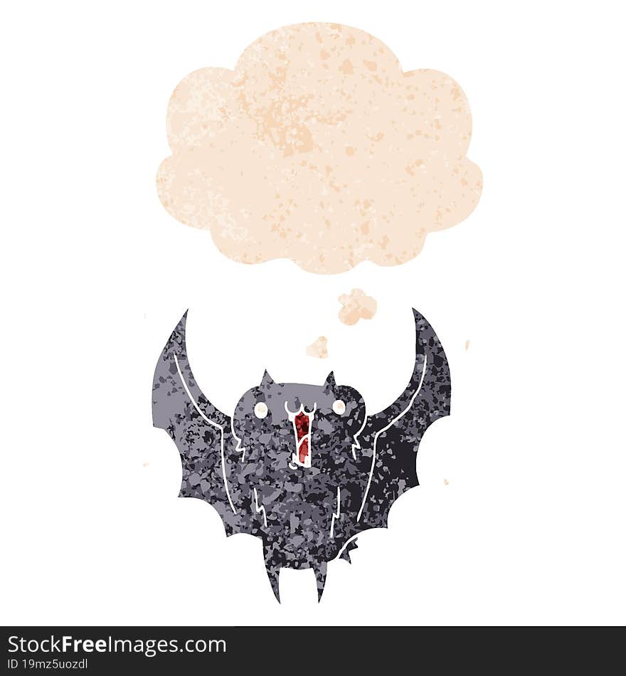 cartoon happy vampire bat and thought bubble in retro textured style