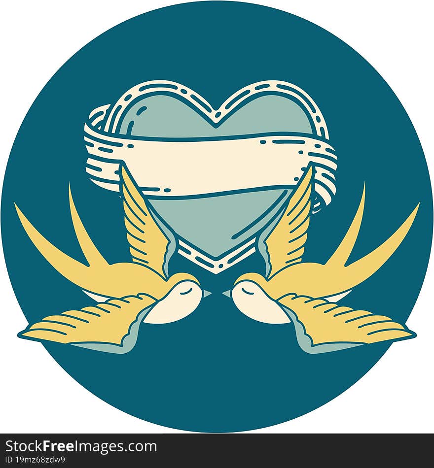 tattoo style icon of a swallows and a heart with banner