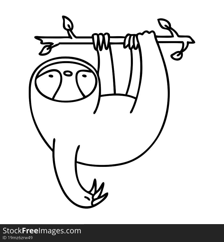 line doodle of cute sloth hanging from a branch. line doodle of cute sloth hanging from a branch