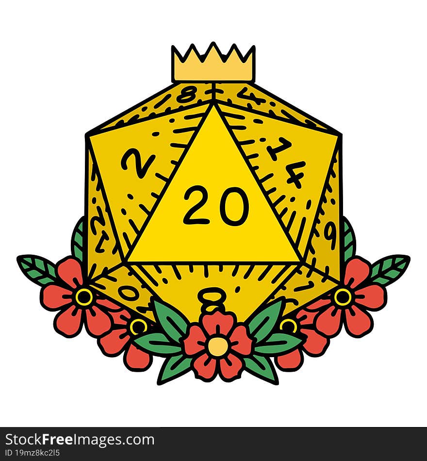 Natural 20 D20 Dice Roll With Floral Elements Illustration