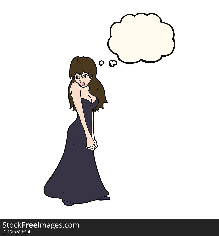 cartoon pretty woman in dress with thought bubble