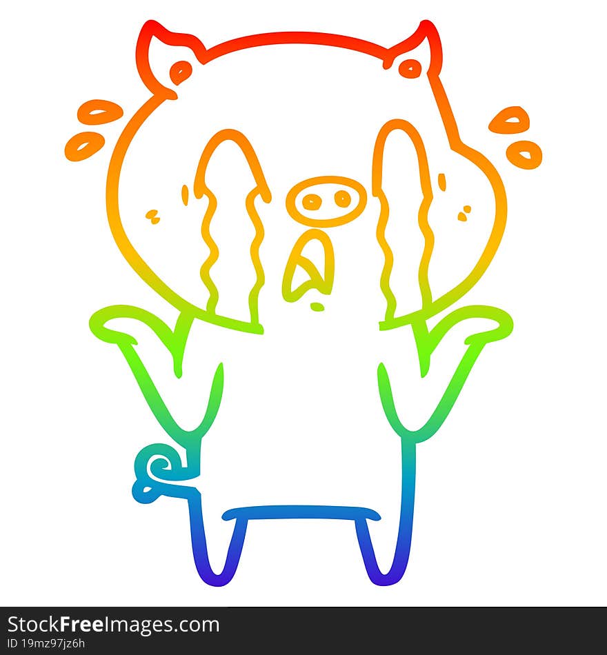 rainbow gradient line drawing of a crying pig cartoon