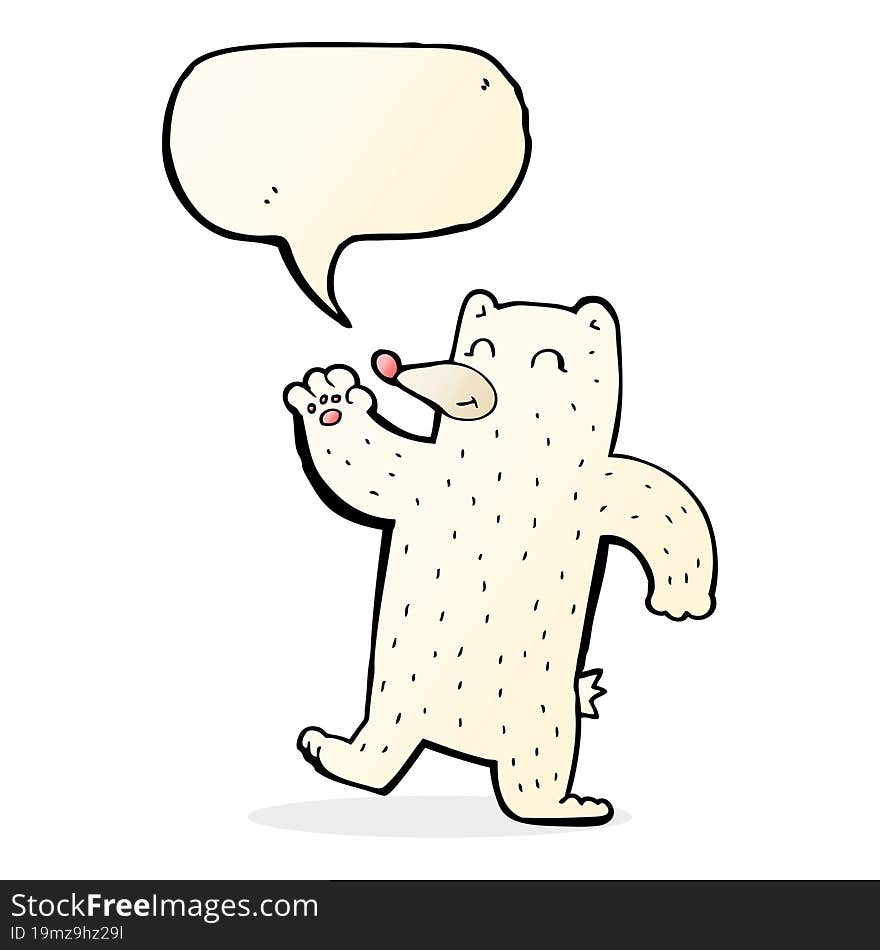 cartoon waving polar bear with speech bubble