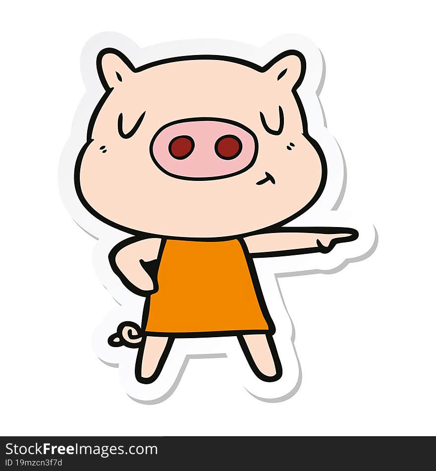 sticker of a cartoon content pig in dress pointing