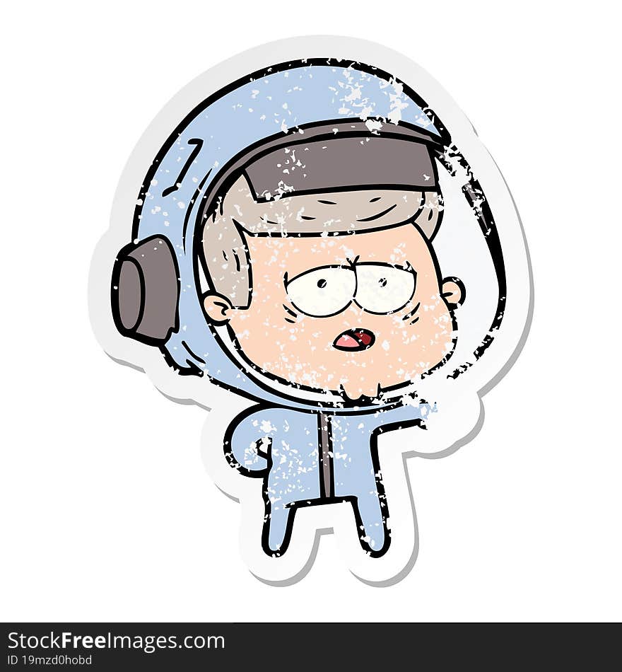 distressed sticker of a cartoon tired astronaut