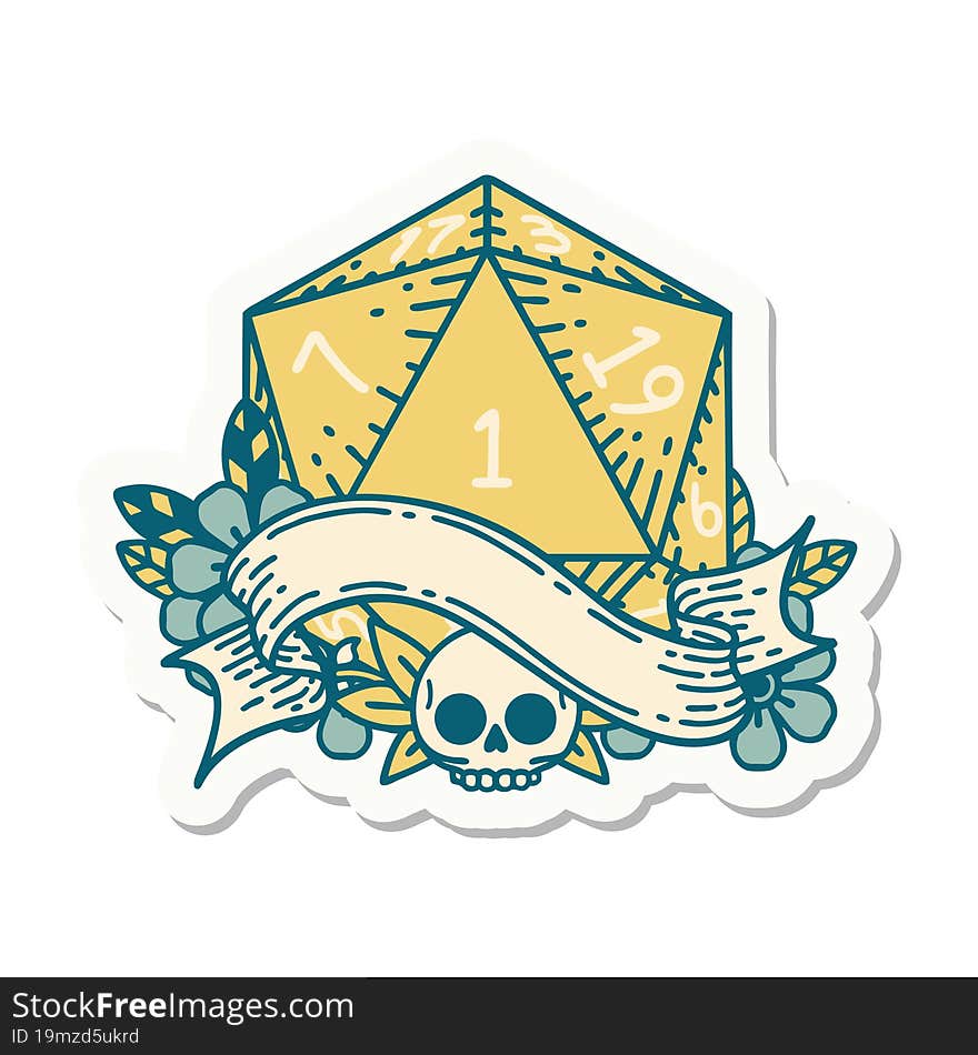 sticker of a natural one d20 dice roll. sticker of a natural one d20 dice roll