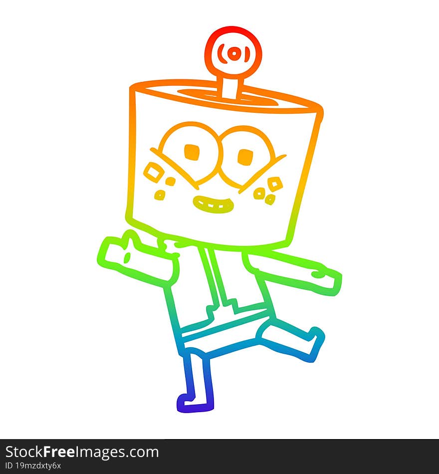 rainbow gradient line drawing of a happy cartoon robot dancing