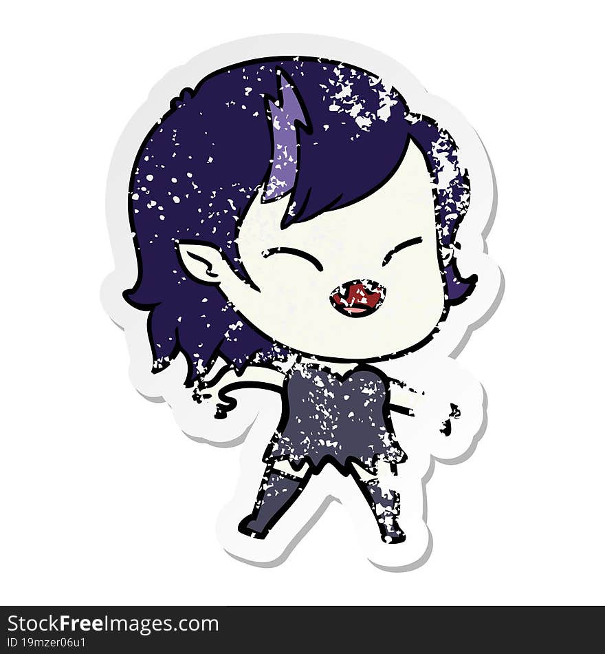 Distressed Sticker Of A Cartoon Laughing Vampire Girl