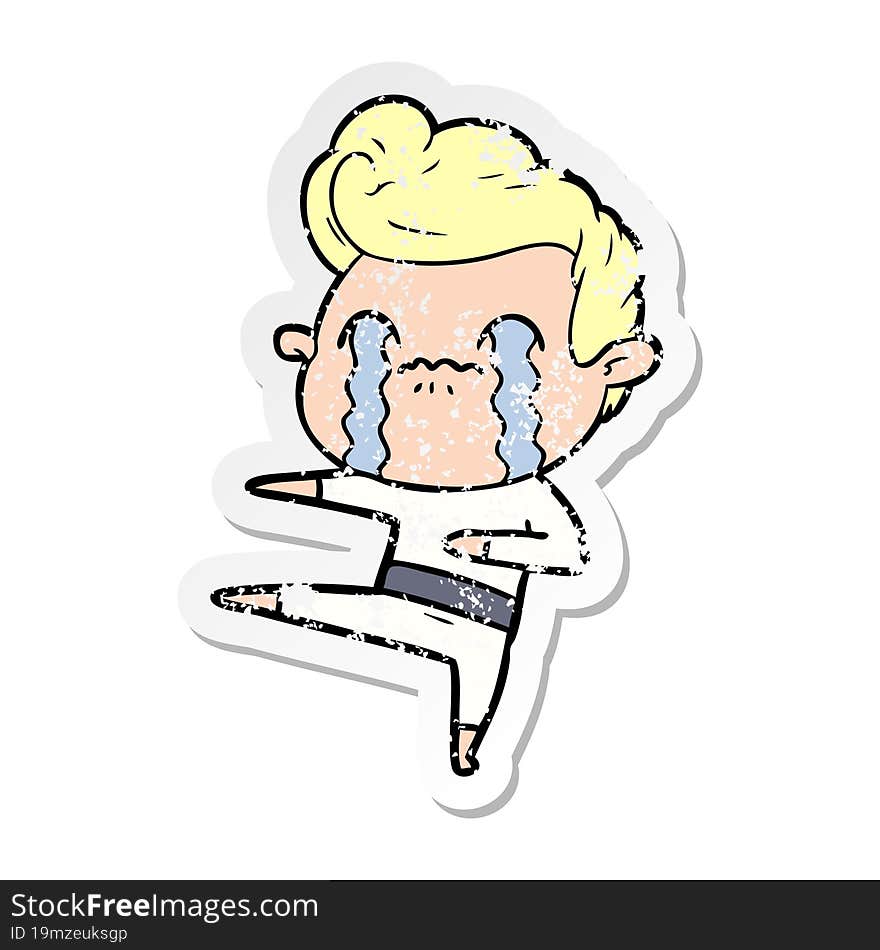 distressed sticker of a cartoon man crying