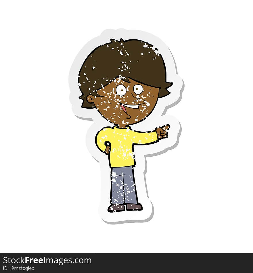 retro distressed sticker of a cartoon boy laughing and pointing