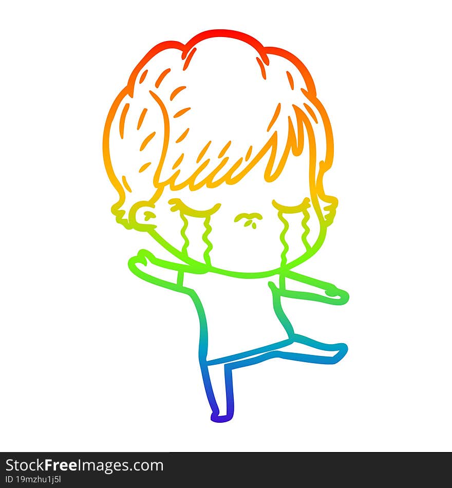 Rainbow Gradient Line Drawing Cartoon Woman Crying