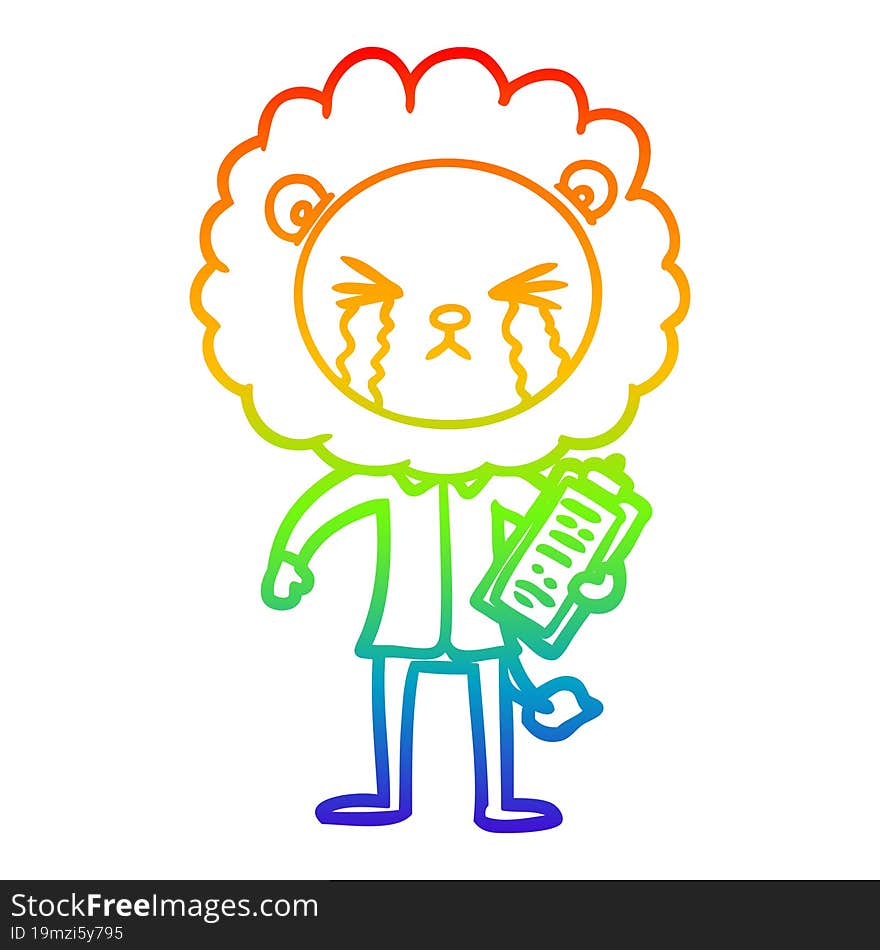 rainbow gradient line drawing cartoon crying lion with clipboard