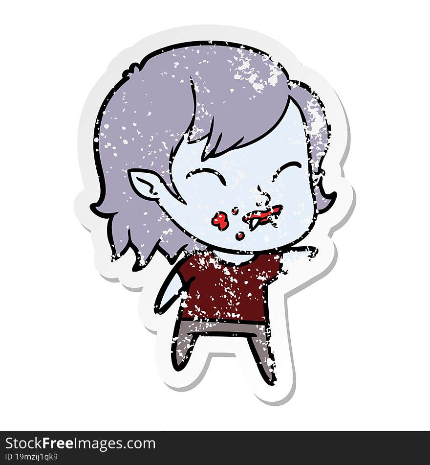 distressed sticker of a cartoon vampire girl with blood on cheek