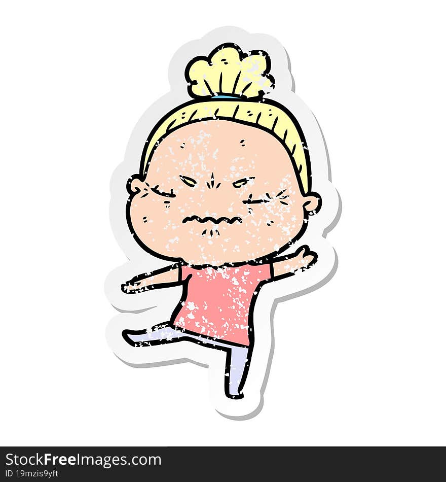 distressed sticker of a cartoon annoyed old lady