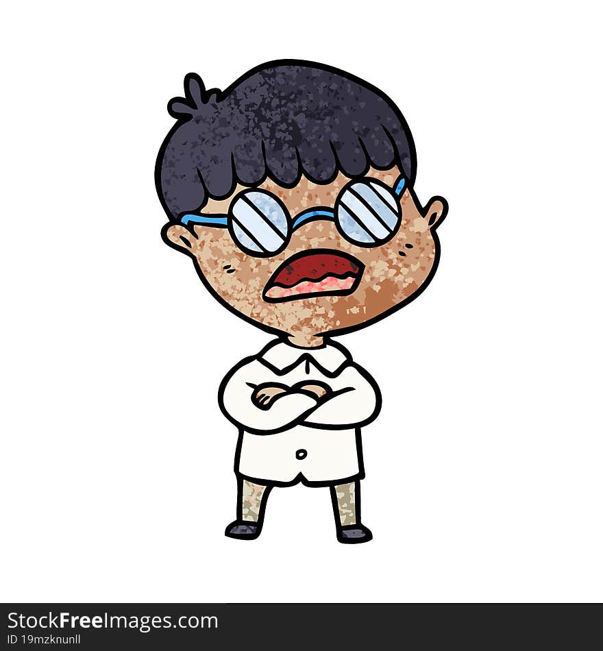 cartoon boy with crossed arms wearing spectacles. cartoon boy with crossed arms wearing spectacles