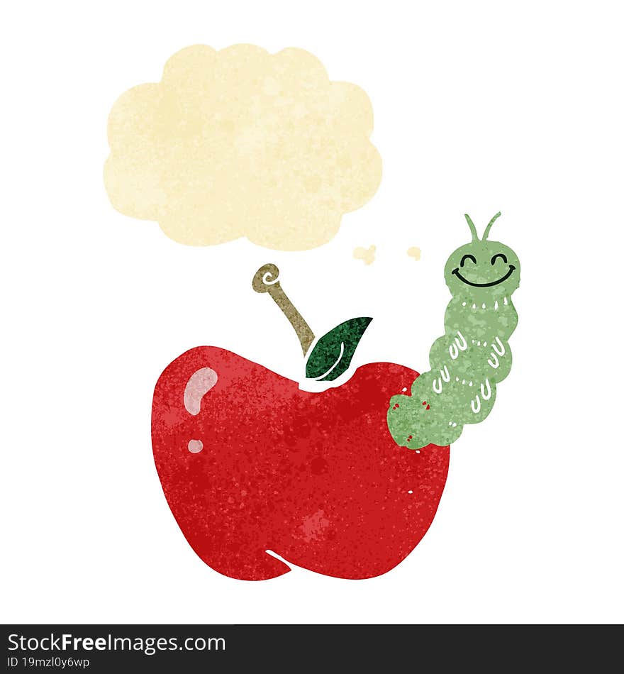 cartoon bug eating apple with thought bubble