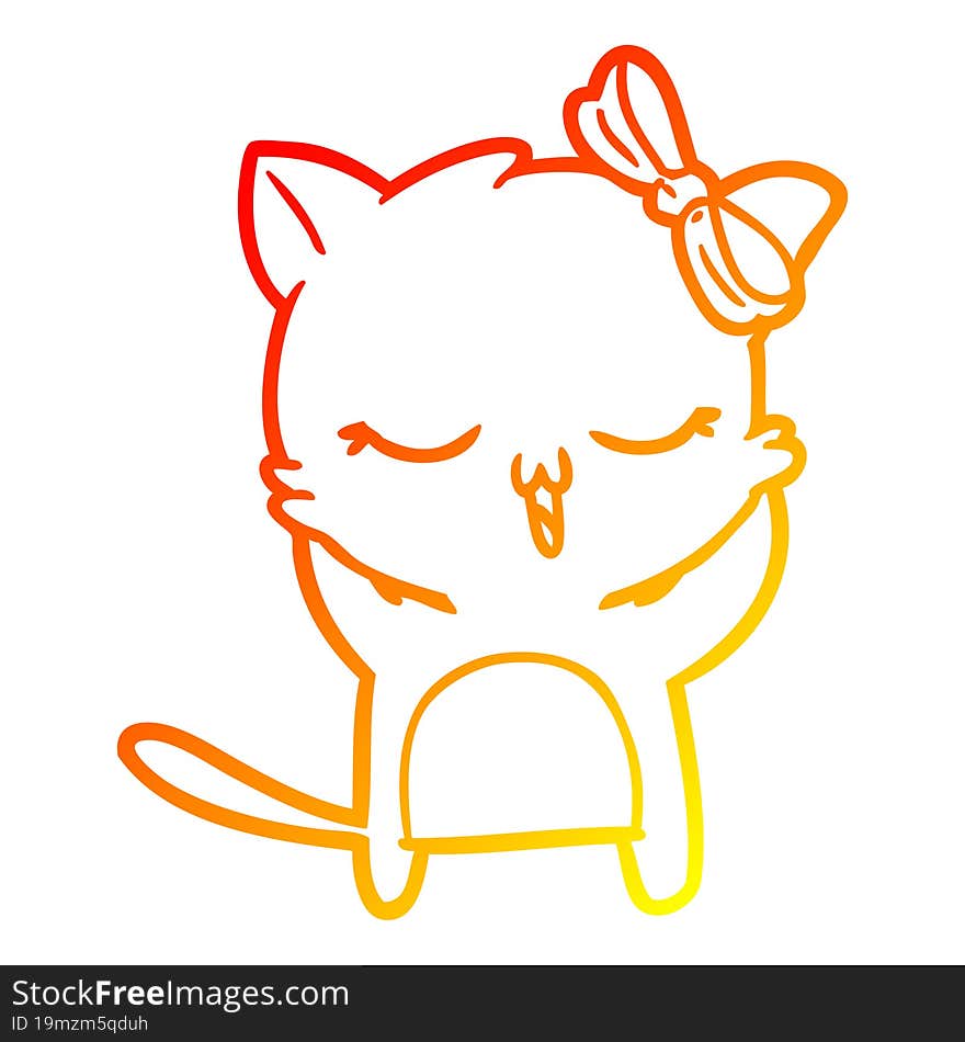 warm gradient line drawing cartoon cat with bow on head