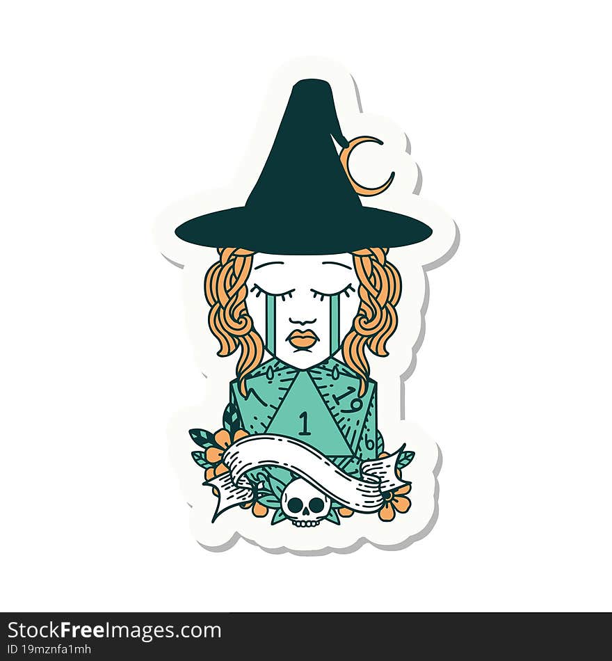 sticker of a crying human witch with natural D20 roll. sticker of a crying human witch with natural D20 roll