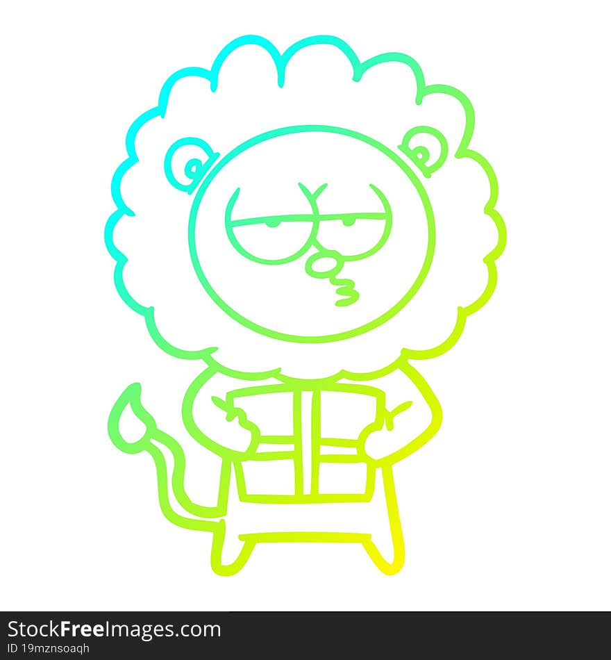 cold gradient line drawing cartoon bored lion with present